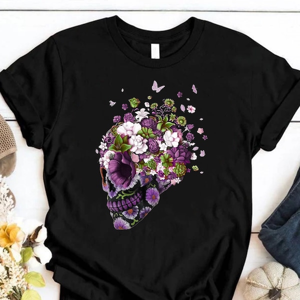 Chemise tête de mort en sucre fleur, chemise tête de mort jour des morts, chemise Dia de los muertos