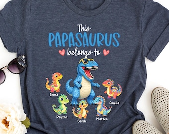 Camiseta personalizada de dinosaurio abuelo, camiseta con los nombres de los nietos, regalo familiar para papá, lindo gráfico de dinosaurio papá