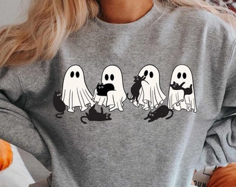 Ghost Black Cat Halloween Cotton Shirt, Cat Lovers Gift