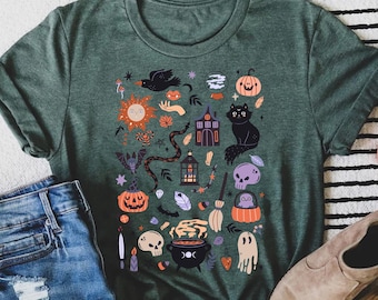 Halloween Doodle Cotton T-Shirt, Retro Witch Design