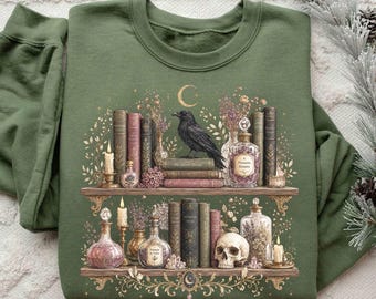 Dark Academia Bookshelf Tee, Witchy Halloween Raven Shirt, Gothic Vintage Fall T-Shirt