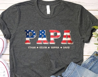 Personalisiertes Papa American Flagge Shirt mit Enkelchen Namen
