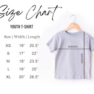 May include: Youth t-shirt size chart with measurements in inches. The chart shows the width and length of the shirt in sizes XS, S, M, L, and XL.