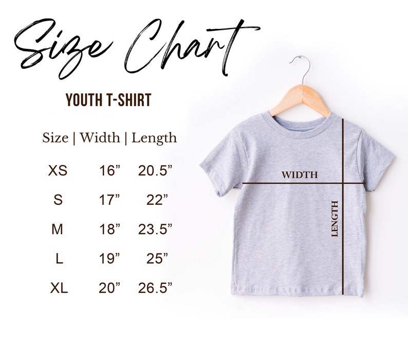 May include: Youth t-shirt size chart with measurements in inches. The chart shows the width and length of the shirt in sizes XS, S, M, L, and XL.