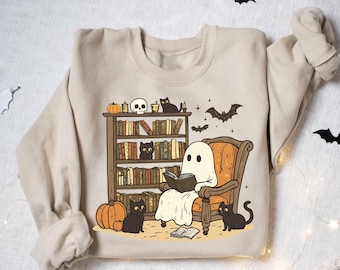 Ghost Reading Book Halloween Shirt: Retro Cat Lover Tee