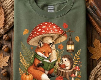 Autumn Fox Reading Shirt, Hedgehog Book Lover Tee, Cozy Woodland Cottagecore Fall Gift