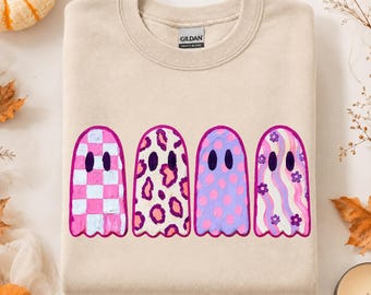 Cute Halloween Ghost Shirt, Pink Purple Pattern Tee, Girly Spooky Season Graphic Gift