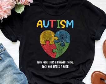 指紋ハート自閉症啓発シャツ：ブルーリボンTシャツ