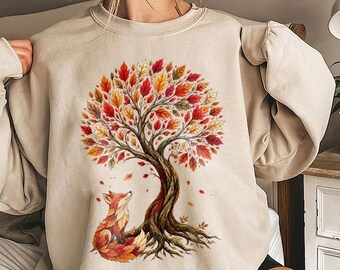 Autumn Fox Tree Shirt, Enchanted Woodland Leaves Nature Lover Vintage Graphic Tee