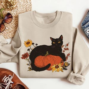 黒猫かぼちゃシャツ、猫秋レトロシャツ、ヴィンテージ猫ハロウィンシャツ、猫好きシャツ、秋シーズンシャツ