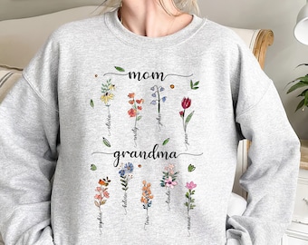 Personlig mormorsblomströja, anpassade barnnamn, mors dag-present