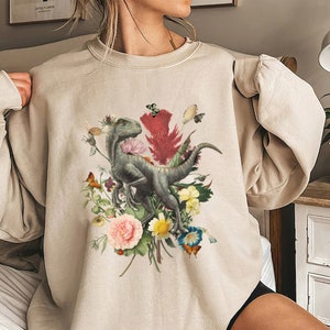 Velociraptor & Botanical Bouquet Shirt: Cottagecore Dinosaur Tee