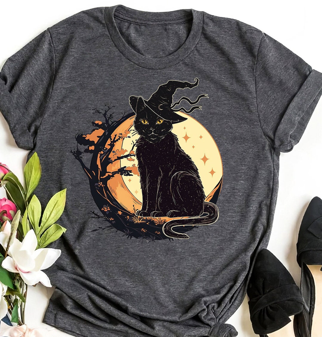 Vintage Black Cat Witch T-shirt: Retro Halloween Moon Design - Etsy