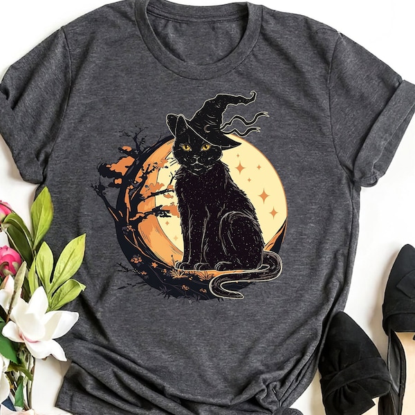 Black Cat Halloween Witch Shirt, Vintage Black Cat Shirt, Witch Retro Shirt, Black Cat on Moon Night, Halloween Shirt