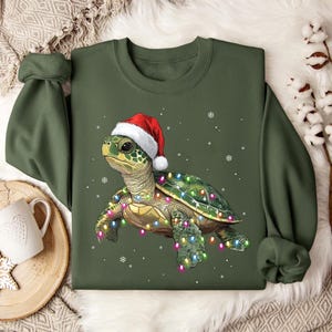 May include: A green sea turtle wearing a red Santa hat and Christmas lights. The turtle is on a green background with white snowflakes.