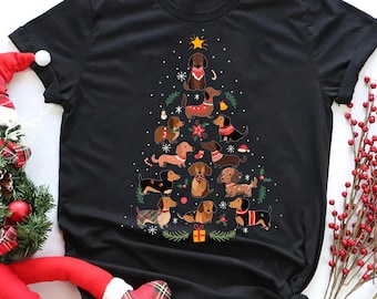 Camiseta de algodón con diseño de árbol de Navidad de perro salchicha, ideal para amantes de los perros