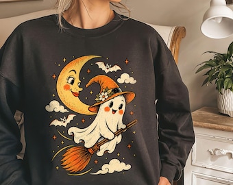 Retro Ghost Halloween Shirt, Y2K Moon Graphic Tee, Vintage Spooky Season Gift