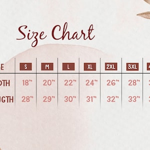 May include: Size chart for a garment with measurements in inches for width and length. Sizes range from S to 5XL.