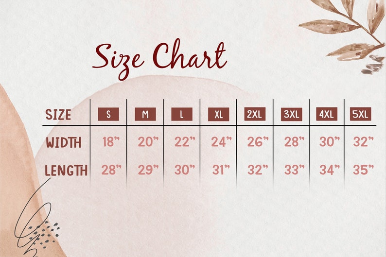 May include: Size chart for a garment with measurements in inches for width and length. Sizes range from S to 5XL.