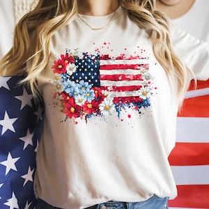 American Flag Flowers Shirt, 4th Of July Women Shirt, Patriotic Shirt, Independence Day Shirt