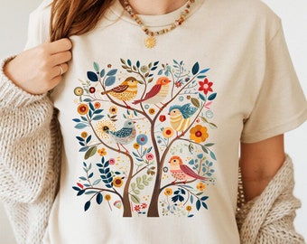 Cottagecore Birds and Flowers Shirt: Scandinavian Folk Art