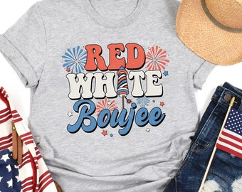 LORSU Women's 'Red White And Boujee' Patriotic T-Shirt - Distressed American Flag Print, 4th Of July Tee (White, M) - View #8