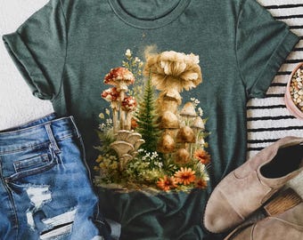 Whimsical Mushroom Forest Shirt, Botanical Fungi Wildflower Nature Lover Cottagecore Graphic Tee