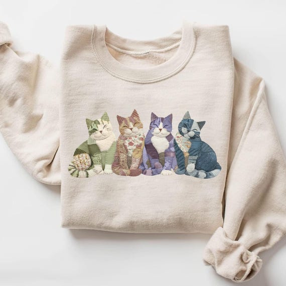 Patchwork Cats Shirt, Vintage Faux Quilt Style Cat Graphic Tee, Cozy Cat Mom Gift