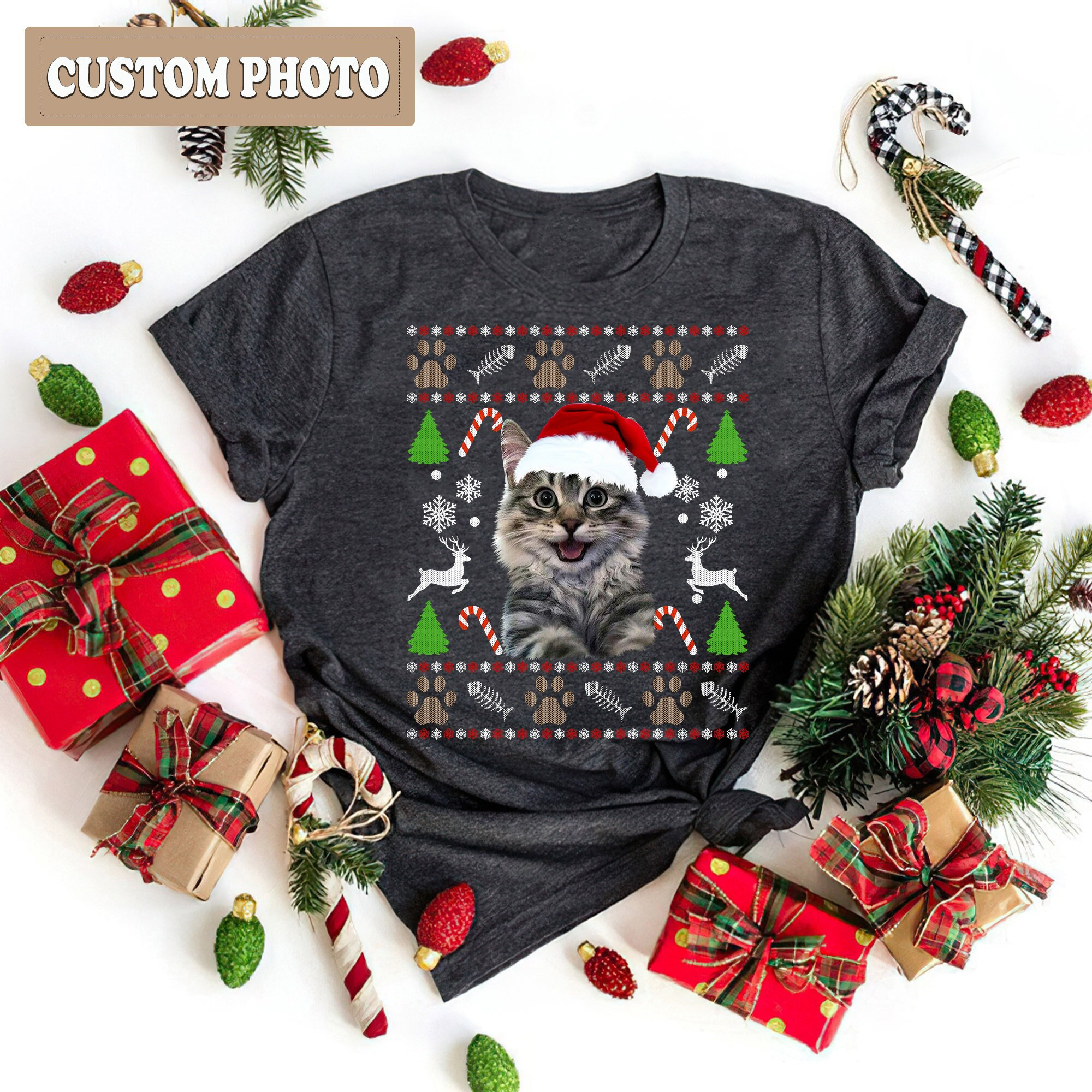 Personalized Cat Ugly Christmas Sweatshirt, Cat Santa Hat Shirt, Custom Your Own Cat Shirt, Christmas Gift For Cat Lover