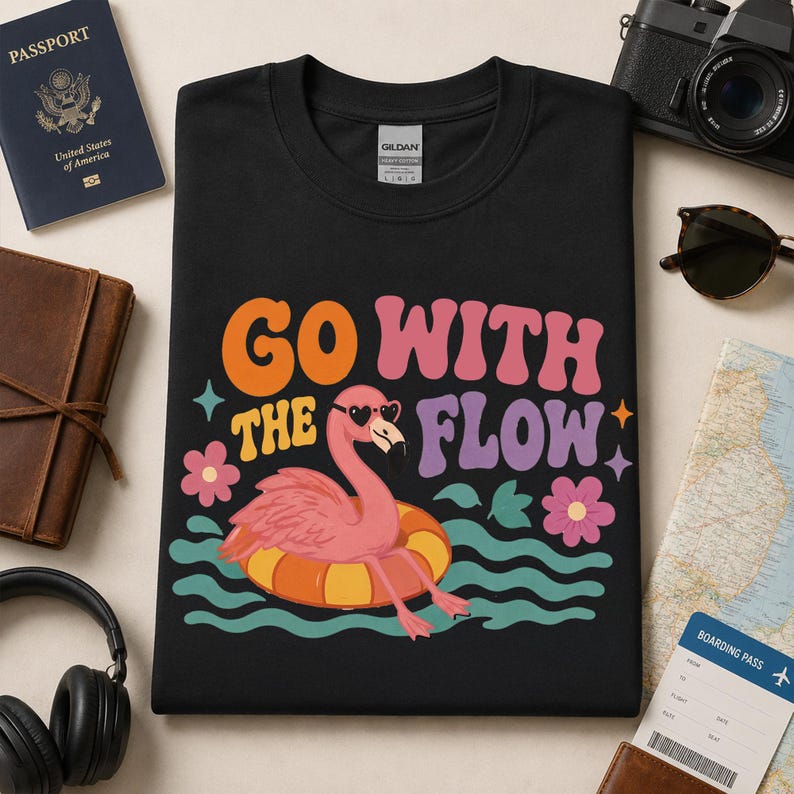 May include: A black t-shirt featuring a graphic of a pink flamingo wearing heart-shaped sunglasses while floating in an orange and yellow inner tube on teal waves, with the text "GO WITH THE FLOW" in orange, pink, and purple retro-style font.