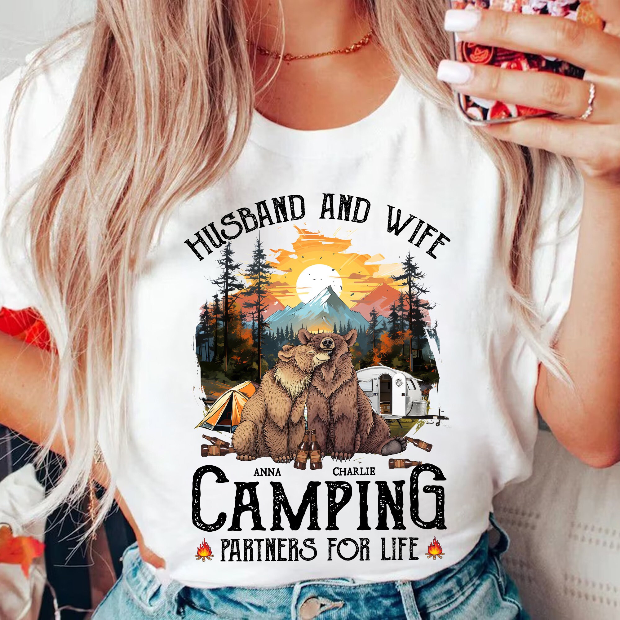 Husband & Wife, Camping Partners For Life - Personalized Unisex T-shir