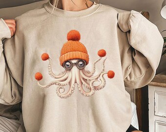 Winter Octopus Cotton Shirt, Retro Style Lover Tee