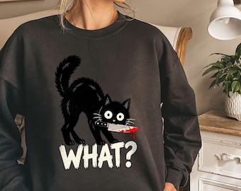 Funny Black Cat Knife Shirt, Sarcastic Murderous Kitty Tee, Dark Humor Gift