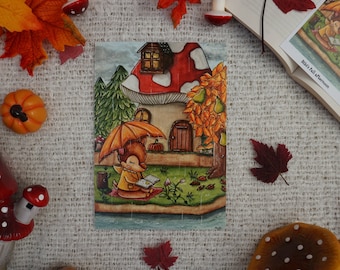 Aquarell-Illustration, inspiriert von Animal Crossing – Bibis Herbstnachmittag