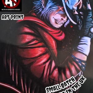 May include: Art print featuring a stylized character with blue hair, wearing a red jacket and a light blue hat. The image includes text that reads "NO TO AI GENERATED IMAGES", "ART PRINT", and "SMALL BATCH & HANDMADE IN THE UK".