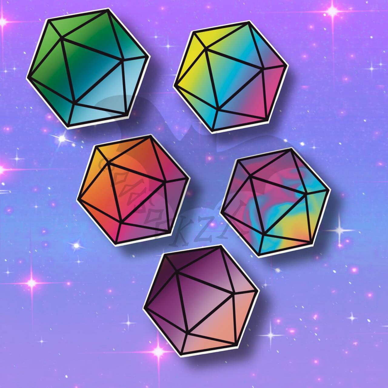 Handmade Rainbow bright Fun D&D dice stickers table top gaming Nerdy