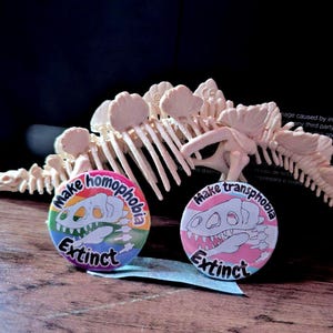May include: Two circular badges featuring dinosaur skull designs and the phrases "Make homophobia Extinct" and "Make transphobia Extinct". The badges have rainbow and pink backgrounds. A dinosaur skeleton is visible in the background.