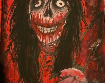 Peut inclure: Peinture d'une figure squelettique aux longs cheveux noirs et au visage rouge et sanglant. La figure a de grands yeux blancs et un sourire menaçant. Le fond est rouge foncé, créant une atmosphère effrayante et troublante.