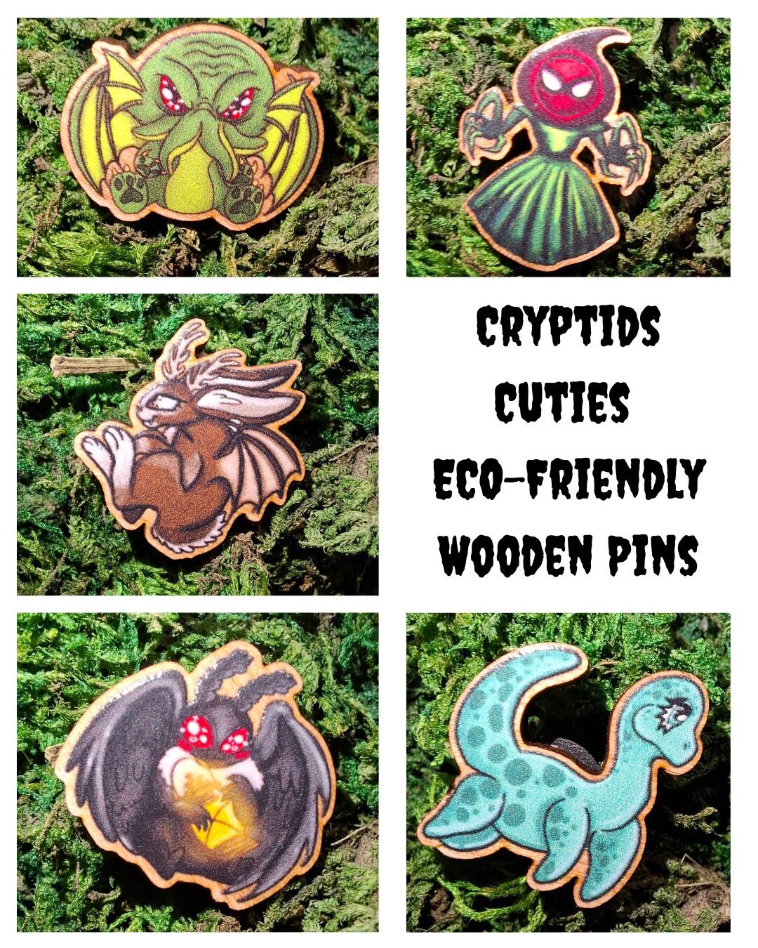 Cryptid Cuties 25mm Wooden Pins - Eco Friendly Natural Wood Badges