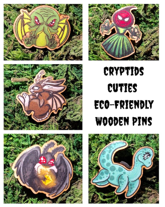 Cryptid Cuties 25mm Wooden Pins - Eco Friendly Natural Wood Badges