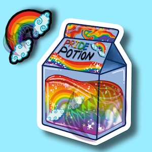 Handmade GLOSSY STICKER:  Vinyl Holographic ,Pride Potion , LGBTQ , Rainbow , Kawaii Milk Carton