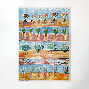 May include: A colorful, whimsical illustration of a garden scene. The artwork depicts rows of various crops, including carrots, flowers, and other plants, set against a blue sky. The artist's signature is in the bottom left corner.