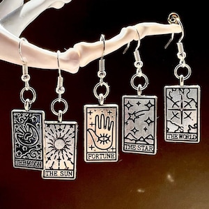 Tarot cards silver earrings or necklace l Single or pair earring or pendant | Tarot card charm dangle earrings | Sun World Star Fortune Moon