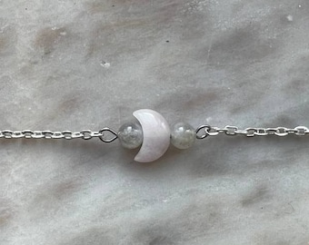 Mini Kunzite moon and Labradorite beads bracelet - 925 sterling silver bracelet with Natural Gemstone - Boho Style Jewelry - Healing Crystal