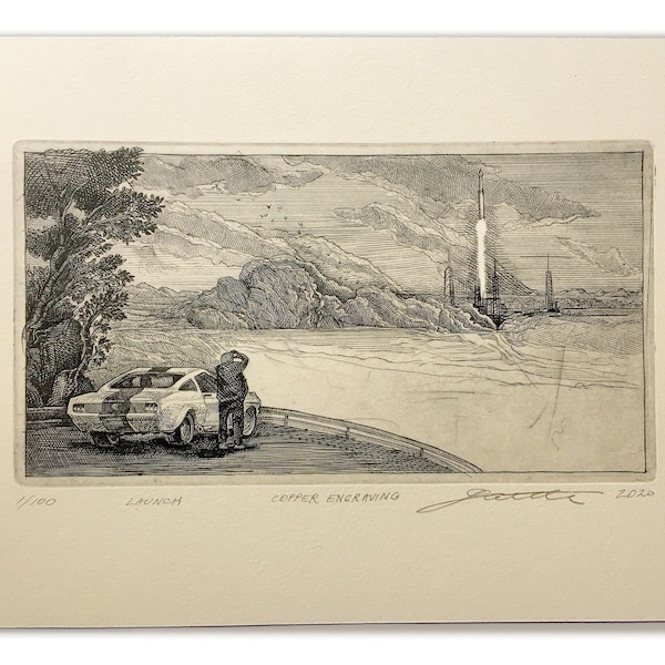 Launch - Original Hand-Engraved Copperplate Engraving, Limited edition intaglio print featuring a Person, Mustang car and a Rocket launch