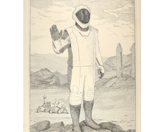 Martian - Original Hand-Engraved Copperplate Engraving, Limited Edition intaglio print featuring astronaut on Mars, rockets, rover