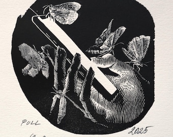 Pull - Original Hand-Engraved Boxwood limited edition print featuring Moths Attracted to the Light of Mobile Phone mirroring Human Behaviour