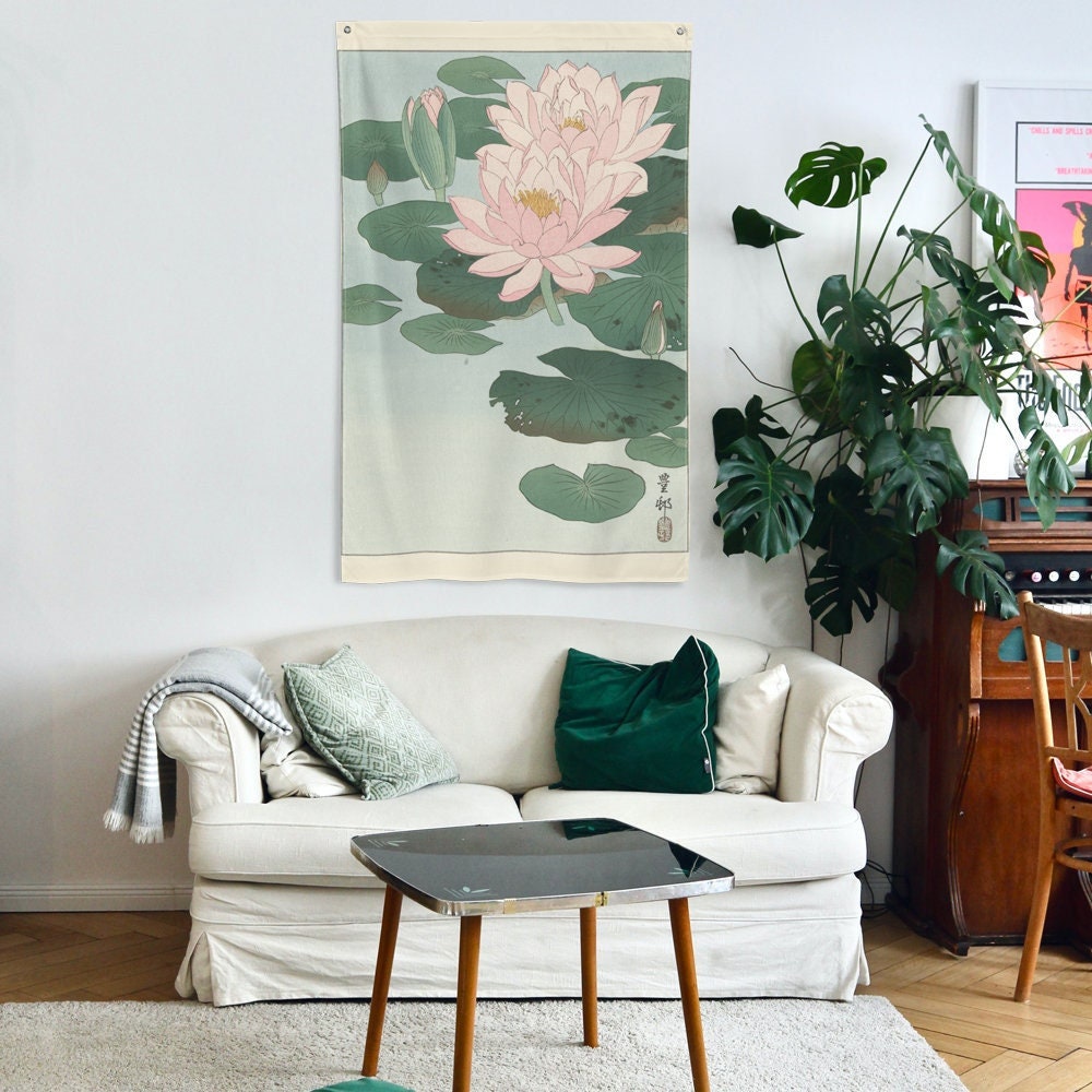 Drapeau Décoratif Imprimé, Décoration Murale, Estampe Japonaise Antique et Vintage, Nénuphar Fleur d