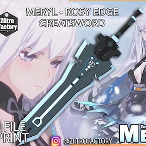 Könnte beinhalten: Ein 3D-gedrucktes Modell eines blauen und schwarzen Großschwertes mit einem digitalen Display. Das Schwert heißt "Rosy Edge Greatsword" und stammt aus dem Spiel "Tower of Fantasy". Das Bild zeigt auch einen Charakter aus dem Spiel, Meryl, mit weißen Haaren und einem schwarzen und blauen Outfit.