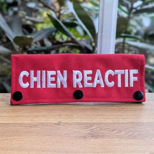 Peut inclure: Patch en tissu rouge avec le texte "CHIEN REACTIF" brodé en blanc et deux boutons noirs de chaque côté.